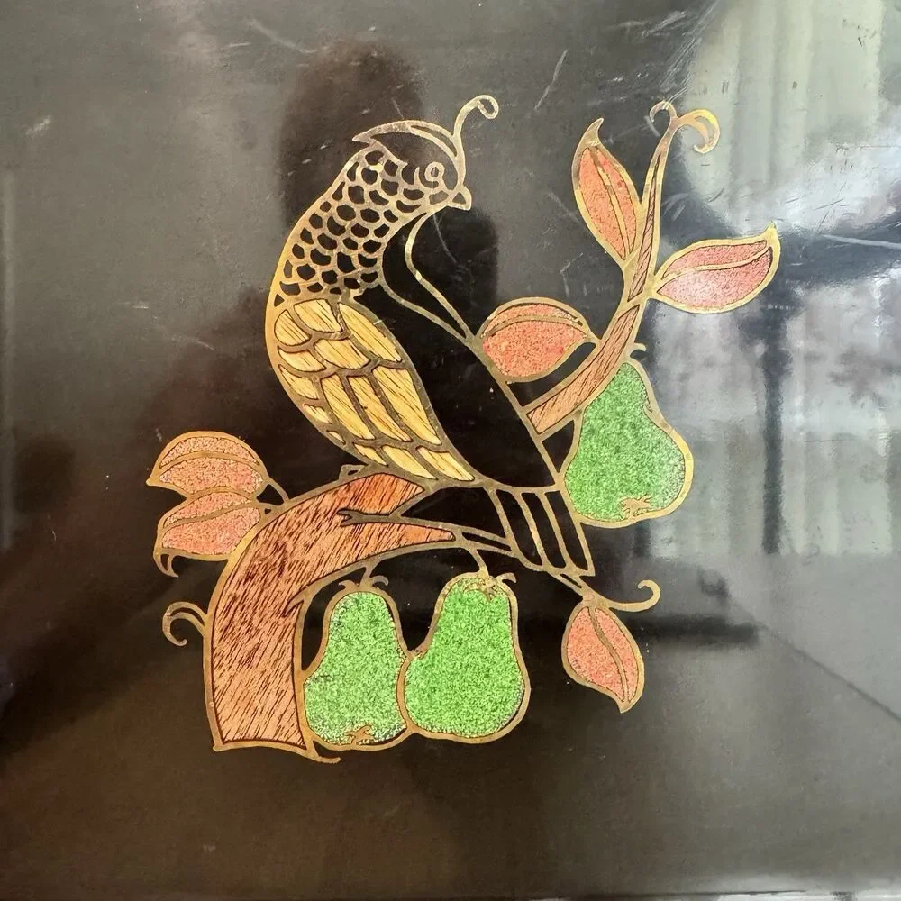Couroc Monterey California Serving Tray blk w/inlaid partridge In A Pear Tree